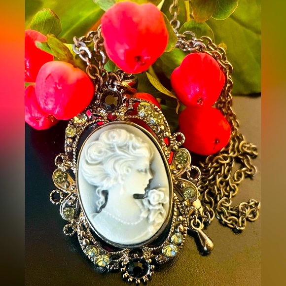 Jewelry - Gunmetal Silver Cameo Pendant Necklace
